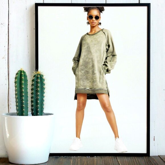 New In Dresses & Skirts - New In Distressed Mineral Washed Green Sweatshirt Dress, Size Medium (NW…